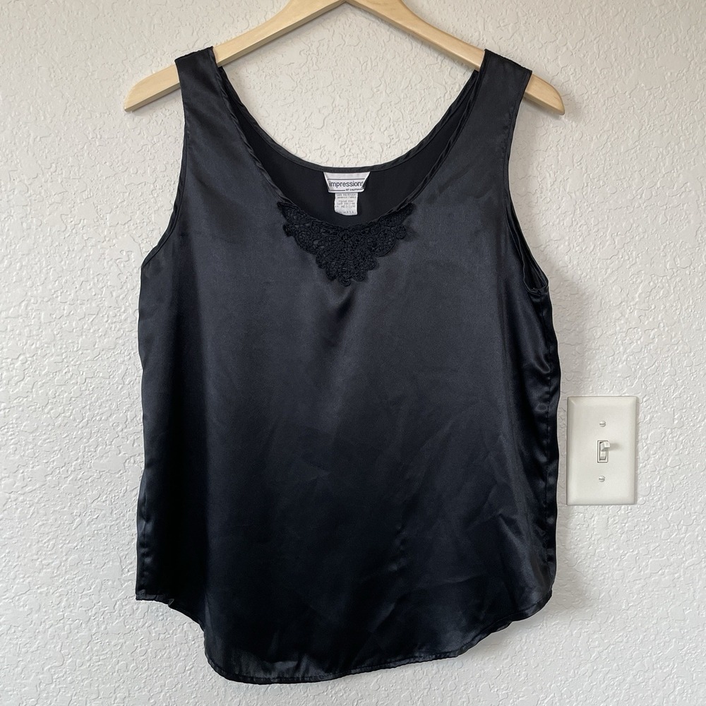 Vintage Impressions Y2K Black Camisole Top Size M Polyester Lace Romantic Goth - Picture 2 of 8